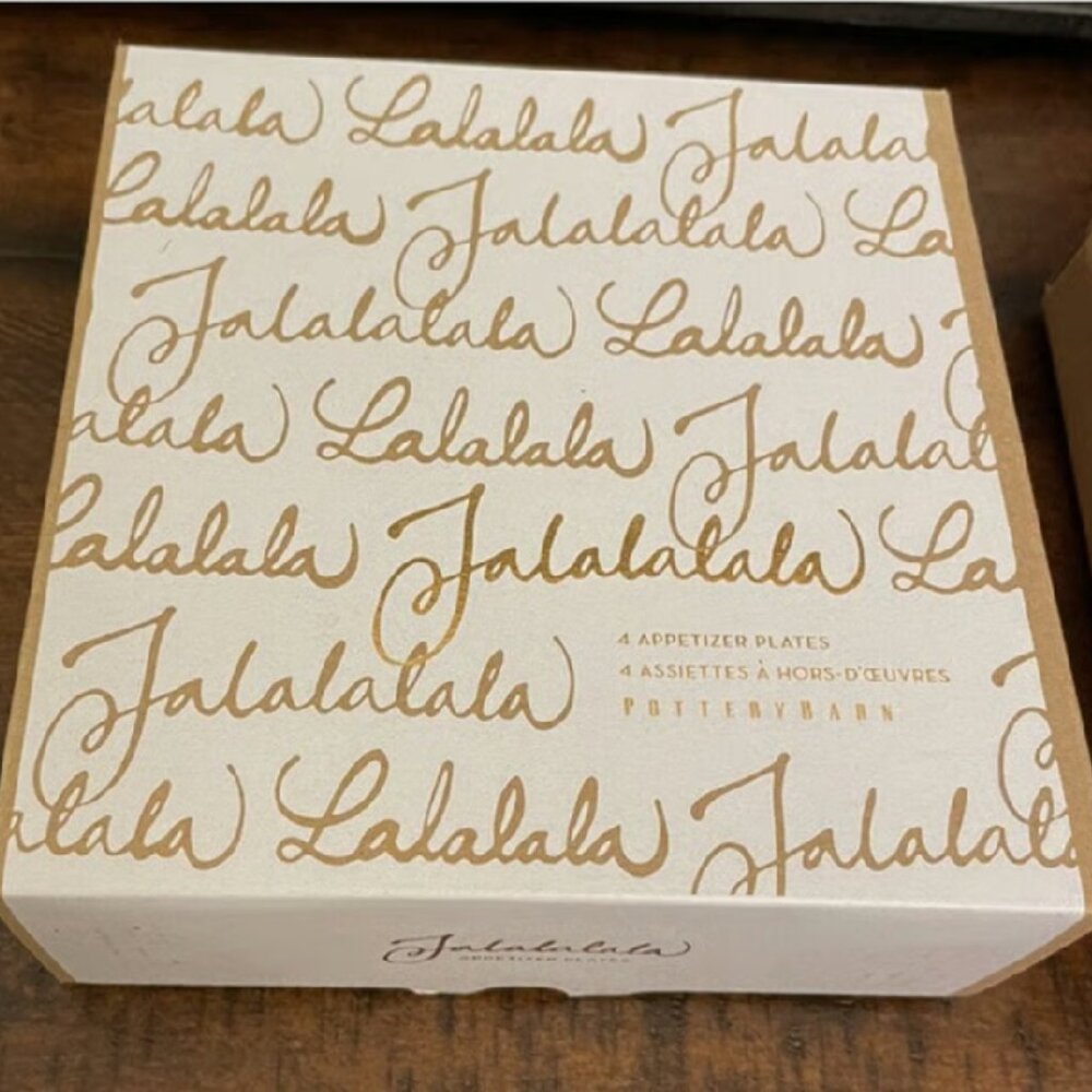 NEW S4 Pottery Barn Fa La La Appetizer Plates Gold Holiday Stoneware Snack Plate